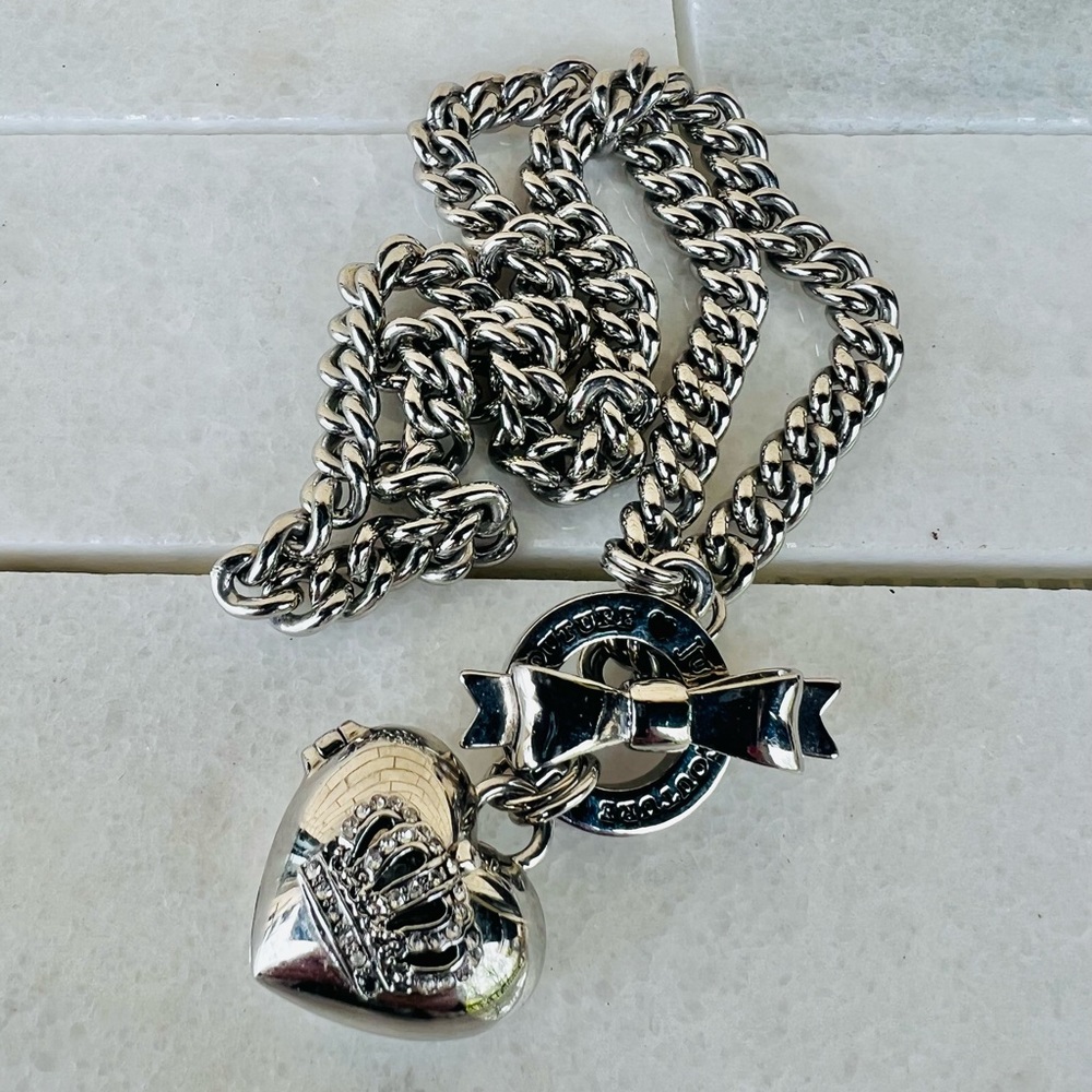 Silver Heart Locket Pendant Necklace with Crown Accent